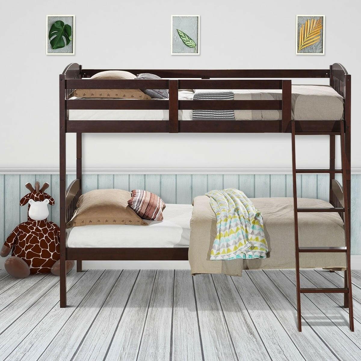 Twin over Twin Wooden Bunk Bed with Ladder in Dark Brown Finish - FurniFindUSA