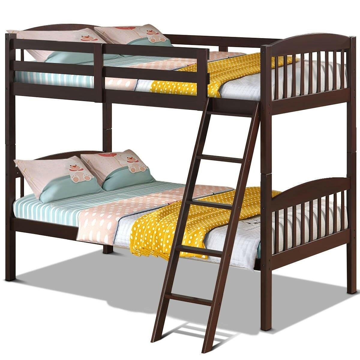 Twin over Twin Wooden Bunk Bed with Ladder in Dark Brown Finish - FurniFindUSA