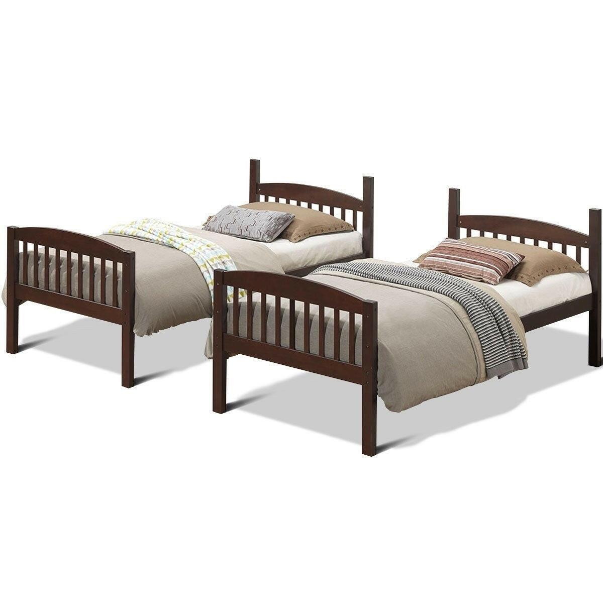 Twin over Twin Wooden Bunk Bed with Ladder in Dark Brown Finish - FurniFindUSA