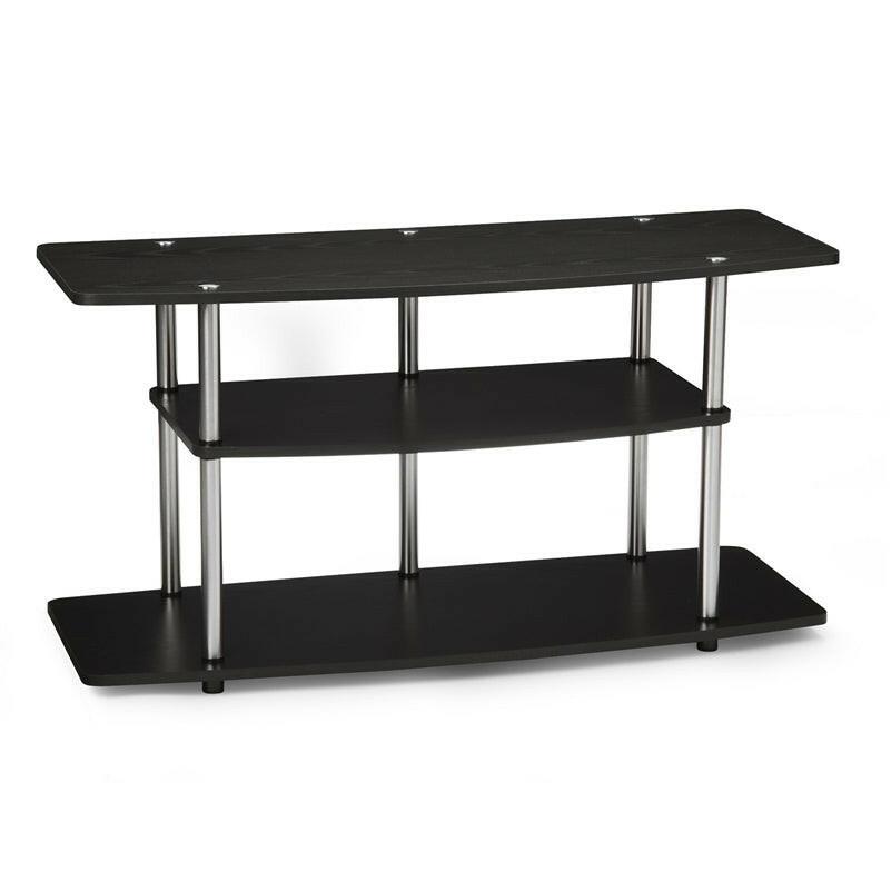 3-Tier Flat Screen TV Stand in Black Wood Grain / Stainless Steel - FurniFindUSA