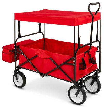 Collapsible Utility Wagon Cart Indoor/Outdoor with Canopy - Red - FurniFindUSA