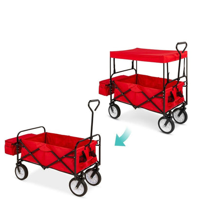 Collapsible Utility Wagon Cart Indoor/Outdoor with Canopy - Red - FurniFindUSA