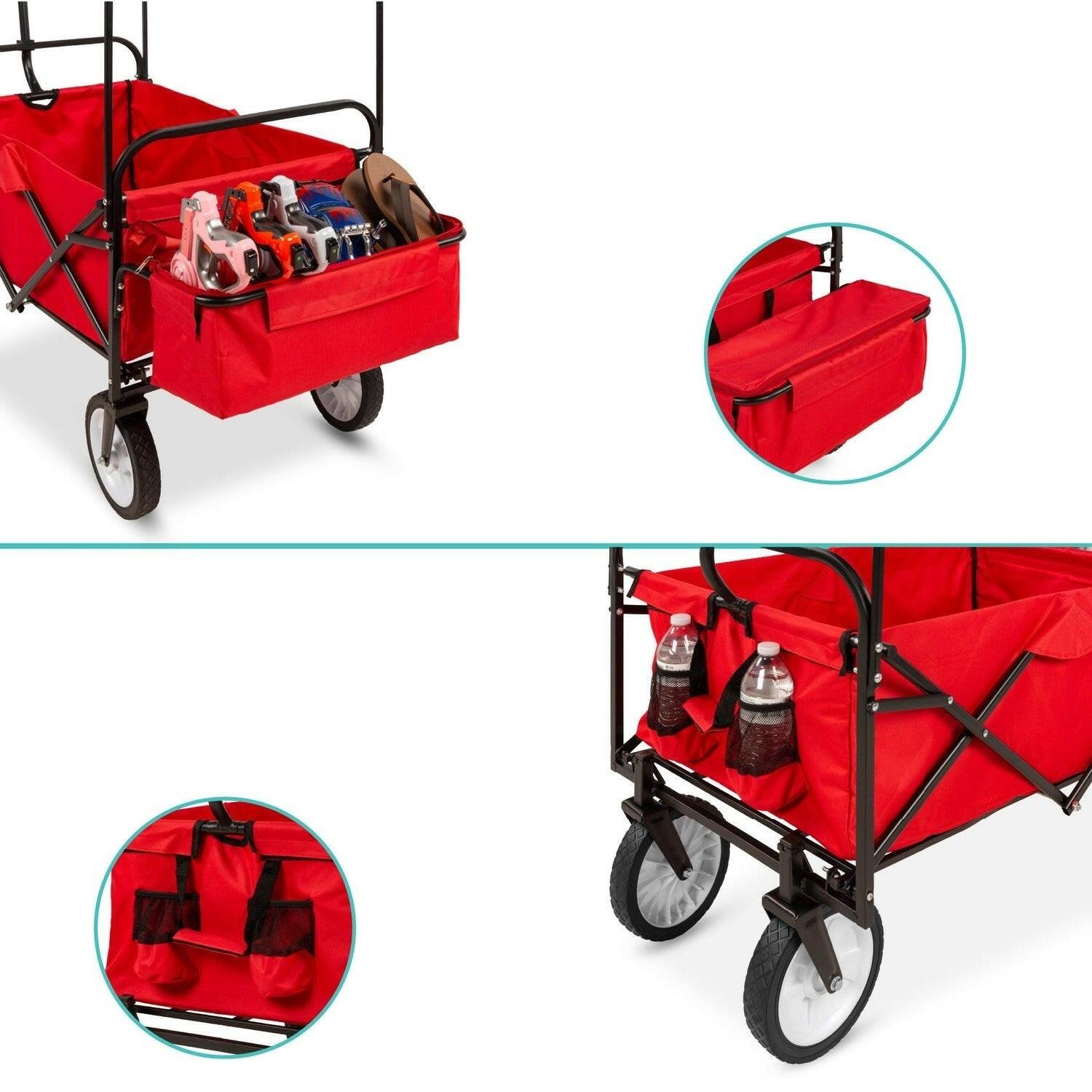 Collapsible Utility Wagon Cart Indoor/Outdoor with Canopy - Red - FurniFindUSA