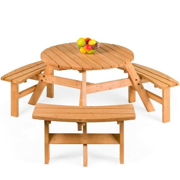 Outdoor Round Wood Picnic Table Bench Set with Umbrella Hole - Seats 6 - FurniFindUSA