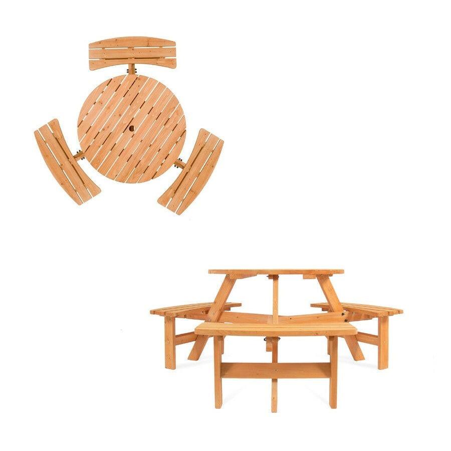 Outdoor Round Wood Picnic Table Bench Set with Umbrella Hole - Seats 6 - FurniFindUSA