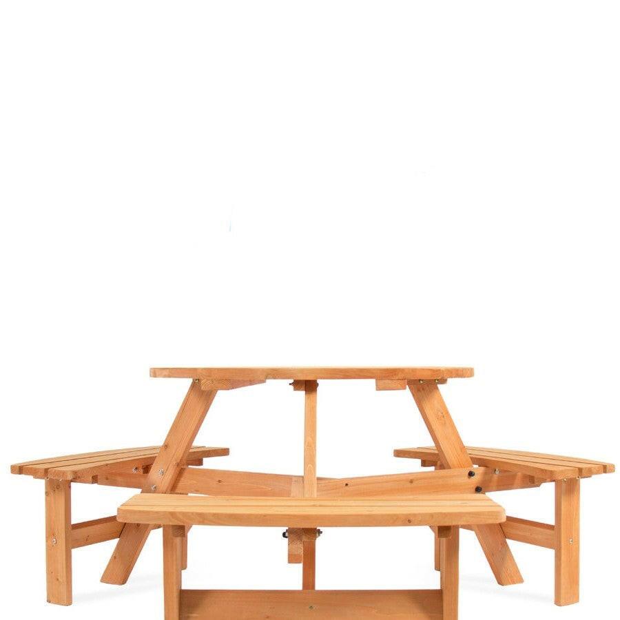 Outdoor Round Wood Picnic Table Bench Set with Umbrella Hole - Seats 6 - FurniFindUSA