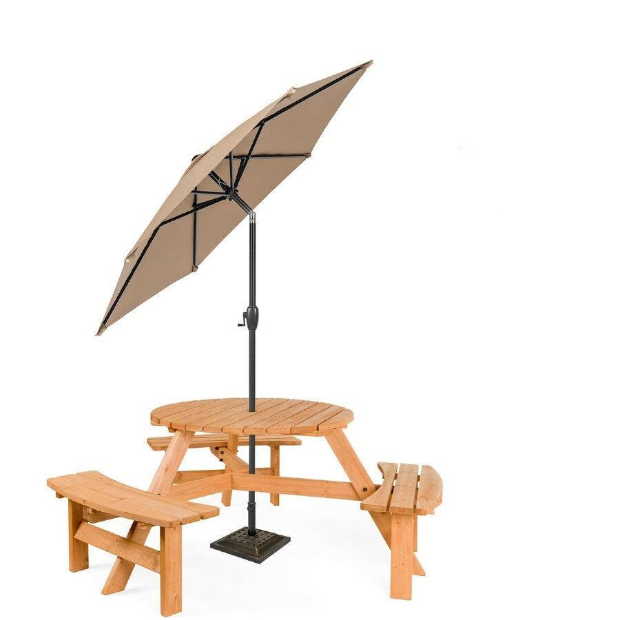 Outdoor Round Wood Picnic Table Bench Set with Umbrella Hole - Seats 6 - FurniFindUSA