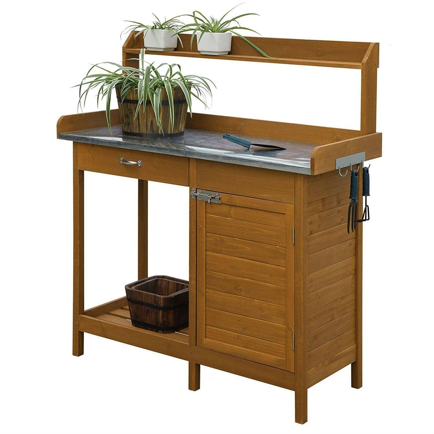 Outdoor Home Garden Potting Bench with Metal Table Top and Storage Cabinet - FurniFindUSA