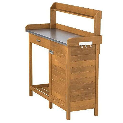 Outdoor Home Garden Potting Bench with Metal Table Top and Storage Cabinet - FurniFindUSA