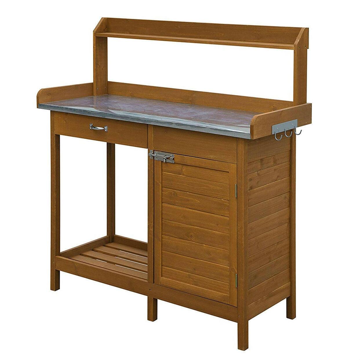 Outdoor Home Garden Potting Bench with Metal Table Top and Storage Cabinet - FurniFindUSA