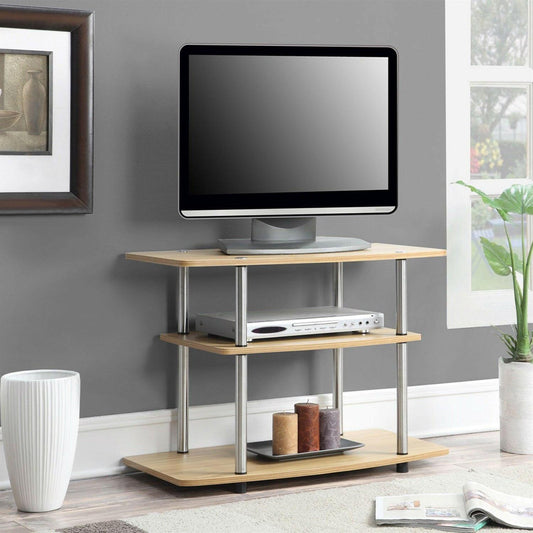 Modern TV Stand Light Oak Wood Finish with Sturdy Stainless Steel Poles - FurniFindUSA