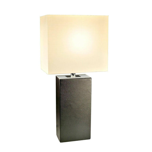 Contemporary Black Leather Table Lamp with White Fabric Shade - FurniFindUSA