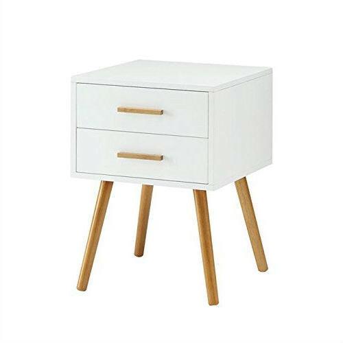 Modern 2-Drawer End Table Nightstand in White with Mid-Century Style Wood Legs - FurniFindUSA
