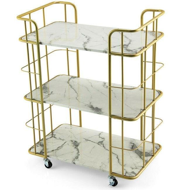 3 Tier Faux Marble Gold Rolling Bar Cart - FurniFindUSA