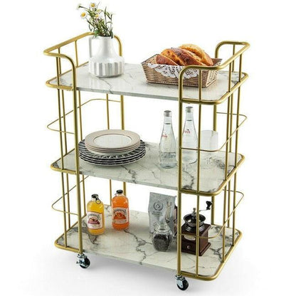 3 Tier Faux Marble Gold Rolling Bar Cart - FurniFindUSA