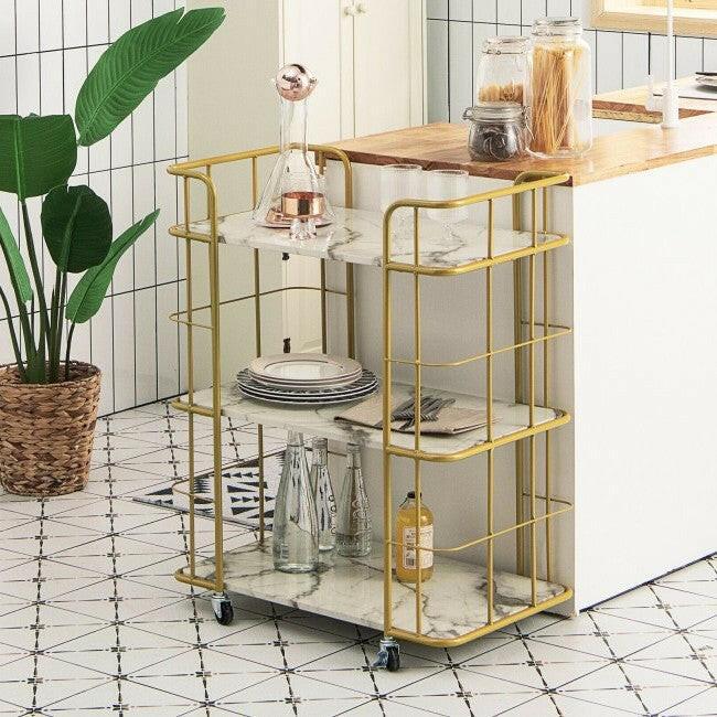 3 Tier Faux Marble Gold Rolling Bar Cart - FurniFindUSA