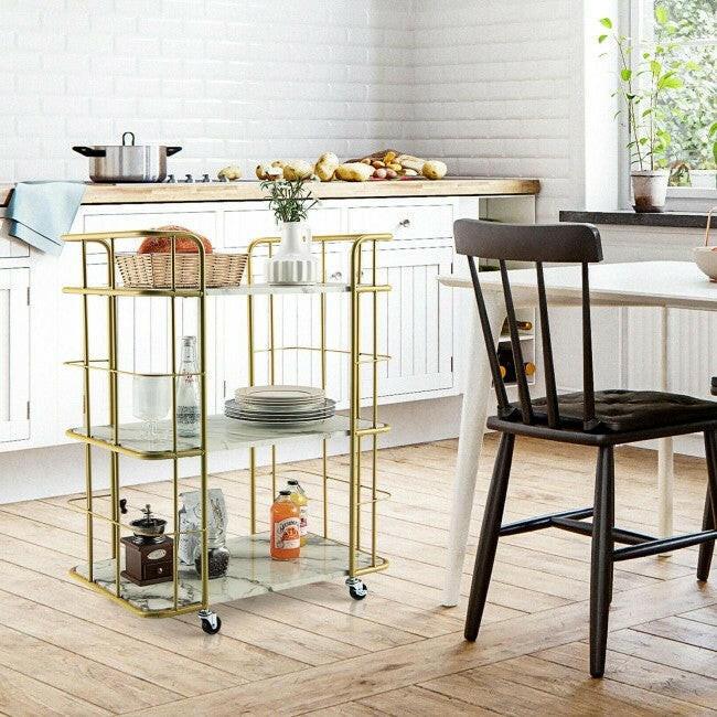 3 Tier Faux Marble Gold Rolling Bar Cart - FurniFindUSA