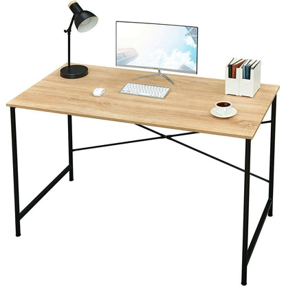 Modern Home Office Computer Desk Table with Black Metal Frame Wood Top in Oak - FurniFindUSA