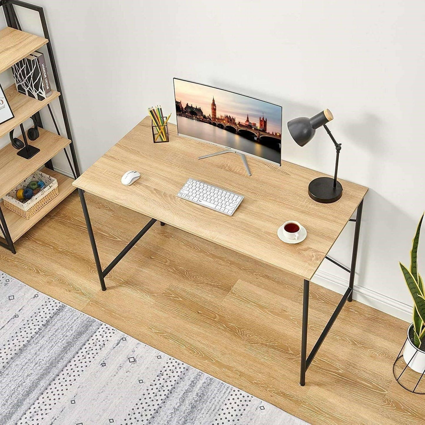 Modern Home Office Computer Desk Table with Black Metal Frame Wood Top in Oak - FurniFindUSA