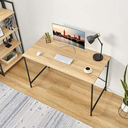 Modern Home Office Computer Desk Table with Black Metal Frame Wood Top in Oak - FurniFindUSA