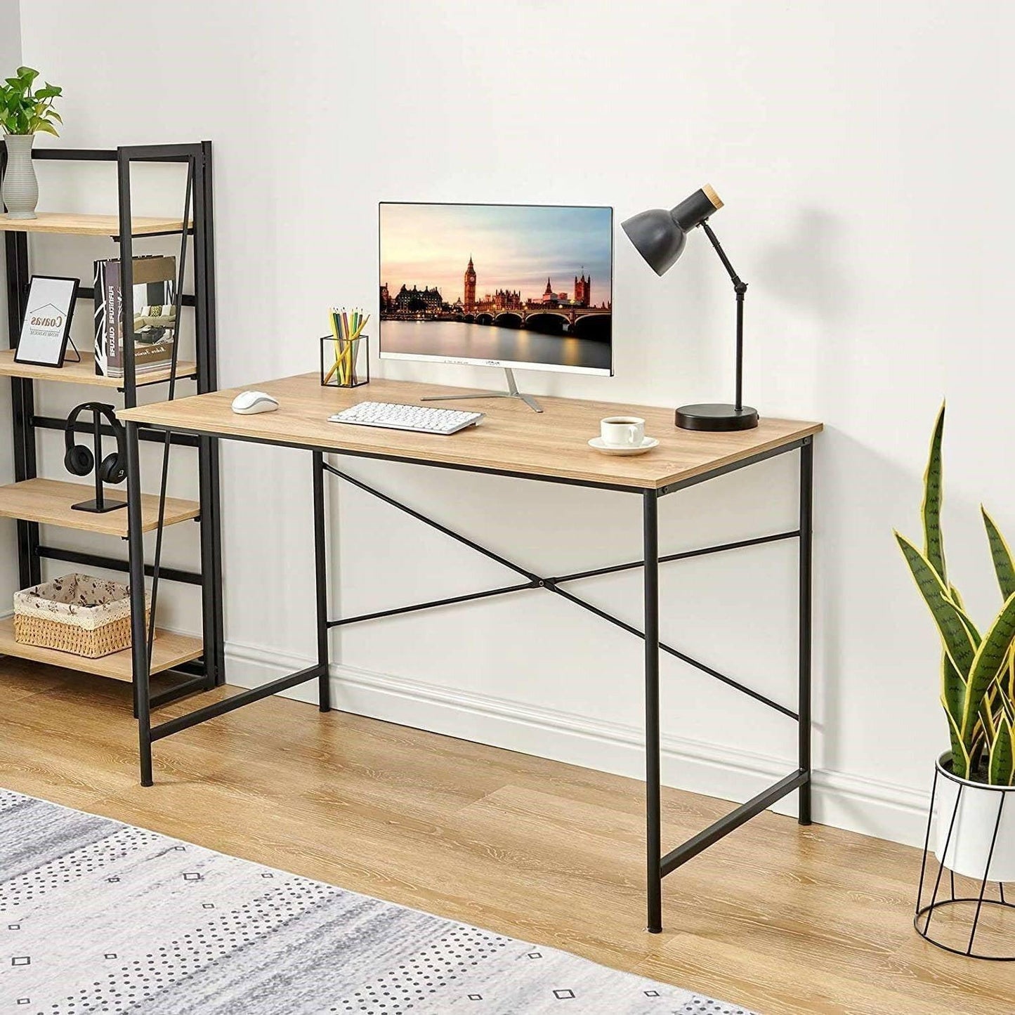 Modern Home Office Computer Desk Table with Black Metal Frame Wood Top in Oak - FurniFindUSA