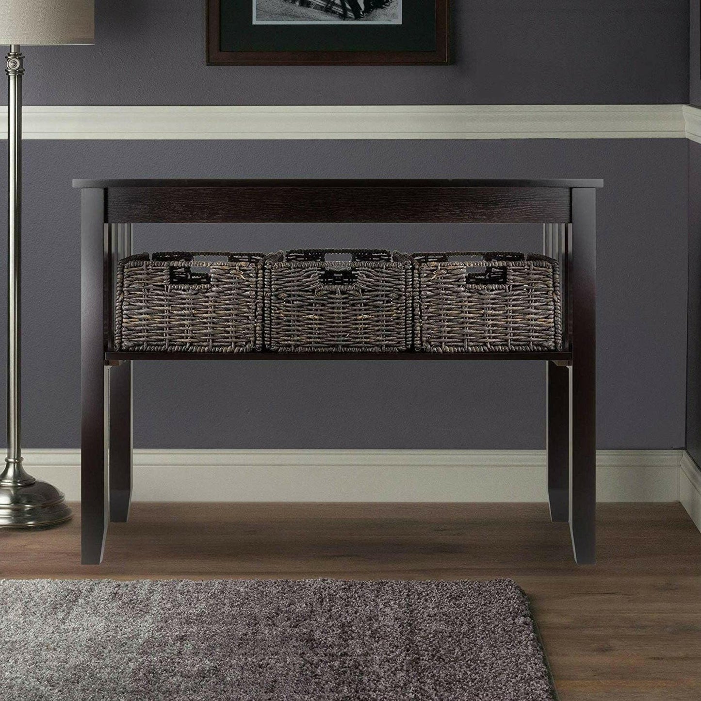 Espresso 2 Tier Entryway Hall Console Table with 3 Storage Baskets - FurniFindUSA