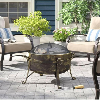 Outdoor 24-inch Diameter Steel Cauldron Wood Burning Fire Pit - FurniFindUSA