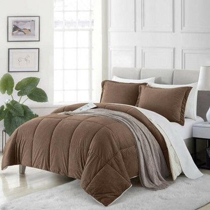 Queen Plush Microfiber Reversible Comforter Set in Chocolate - FurniFindUSA