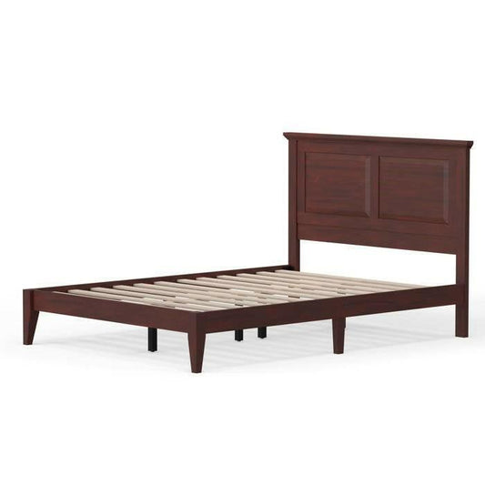 Full Traditional Solid Oak Wooden Platform Bed Frame with Headboard in Cherry - FurniFindUSA