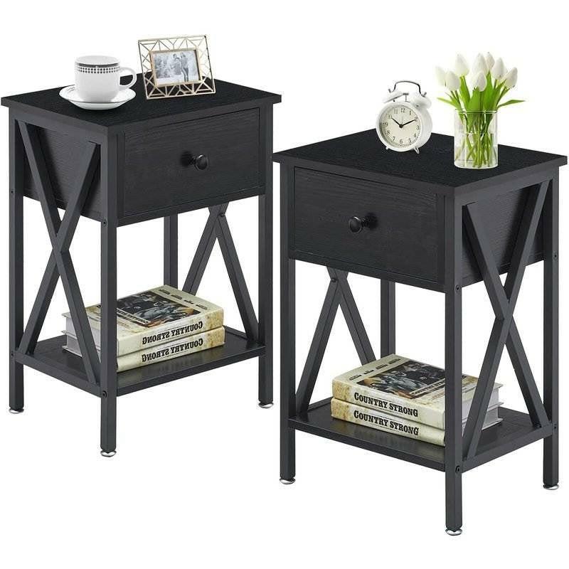 Set of 2 - Rustic 1 Drawer Black Nightstand with X-Shaped Sides - FurniFindUSA