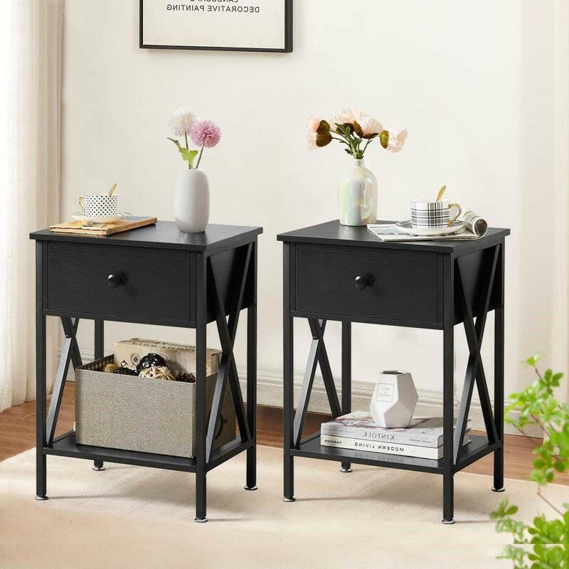 Set of 2 - Rustic 1 Drawer Black Nightstand with X-Shaped Sides - FurniFindUSA