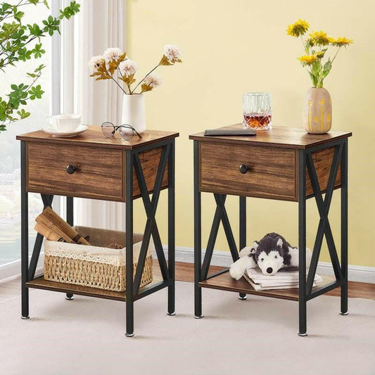 Set of 2 - Rustic 1 Drawer Nightstand in Brown and Black Wood Finish - FurniFindUSA