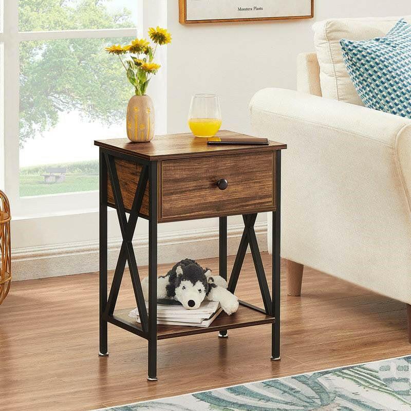 Set of 2 - Rustic 1 Drawer Nightstand in Brown and Black Wood Finish - FurniFindUSA