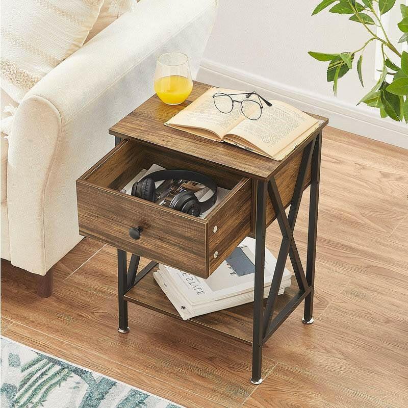 Set of 2 - Rustic 1 Drawer Nightstand in Brown and Black Wood Finish - FurniFindUSA