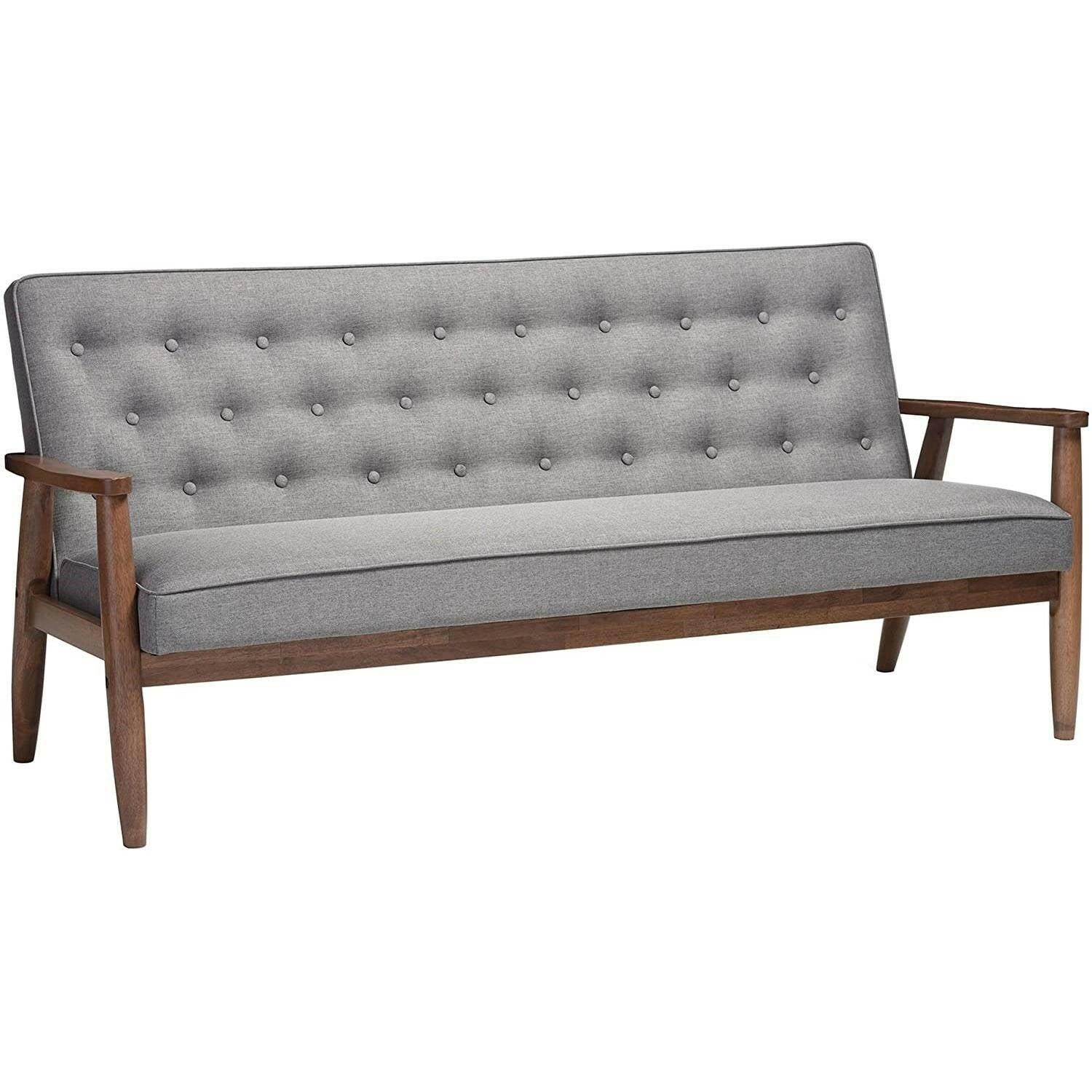 Modern Grey Button-Tufted Upholstered Sofa with Dark Walnut Wood Finish Frame - FurniFindUSA
