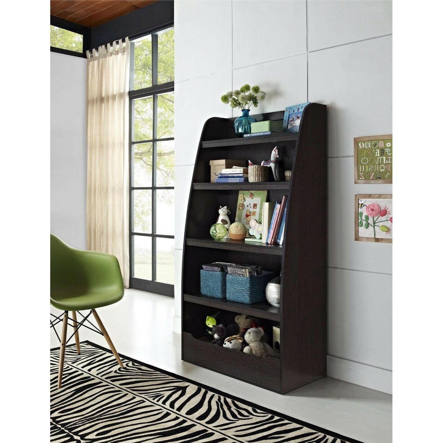 Kids 4-Shelf Bookcase in Espresso Wood Finish Childs Bedroom - FurniFindUSA