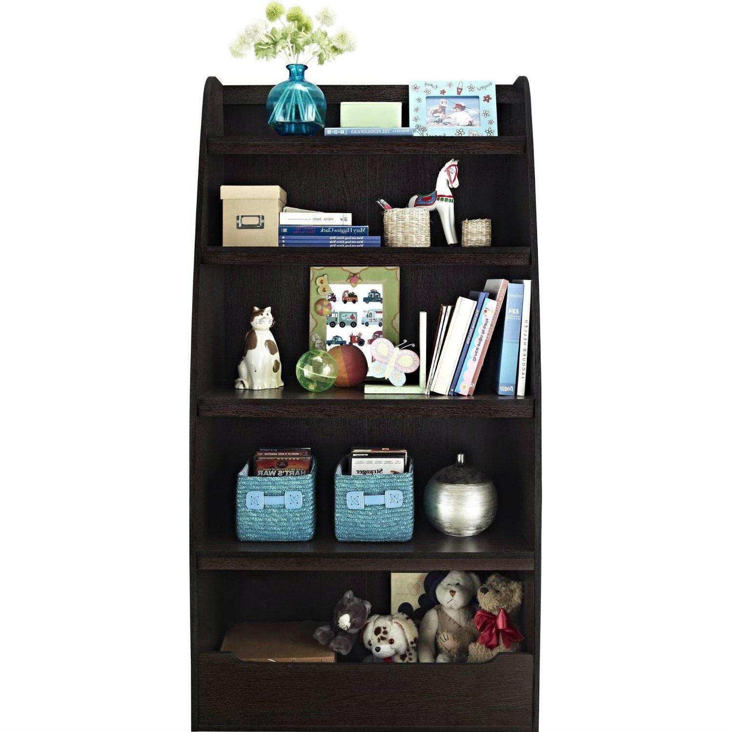Kids 4-Shelf Bookcase in Espresso Wood Finish Childs Bedroom - FurniFindUSA