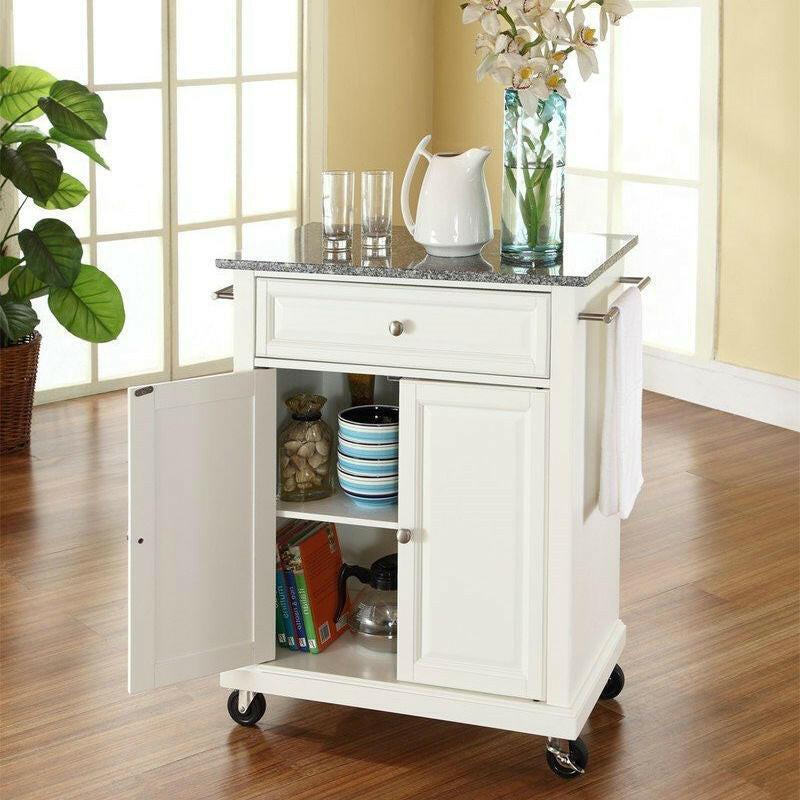 White Kitchen Cart with Granite Top and Locking Casters Wheels - FurniFindUSA