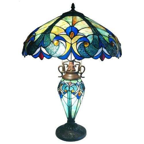 3-Light Victorian Tiffany Style Multi-Colored Glass Table Lamp - FurniFindUSA