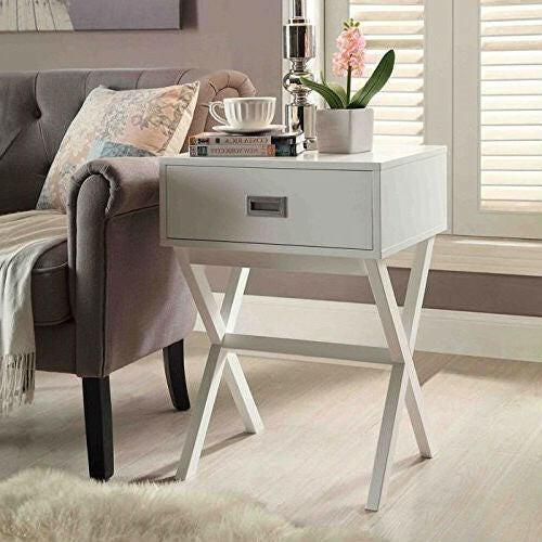 White Modern 1-Drawer End Table Nightstand with X-Legs - FurniFindUSA