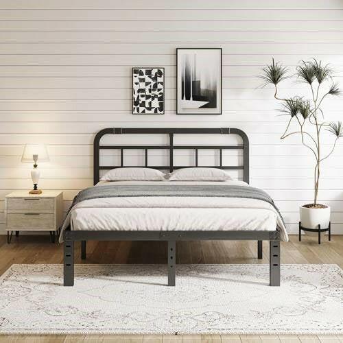 California King Size Heavy Duty Black Metal Platform Bed Frame with Headboard - FurniFindUSA