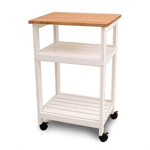 White Kitchen Microwave Cart with Butcher Block Top & Locking Casters - FurniFindUSA