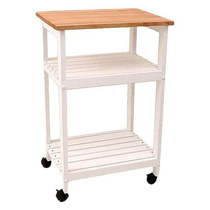 White Kitchen Microwave Cart with Butcher Block Top & Locking Casters - FurniFindUSA