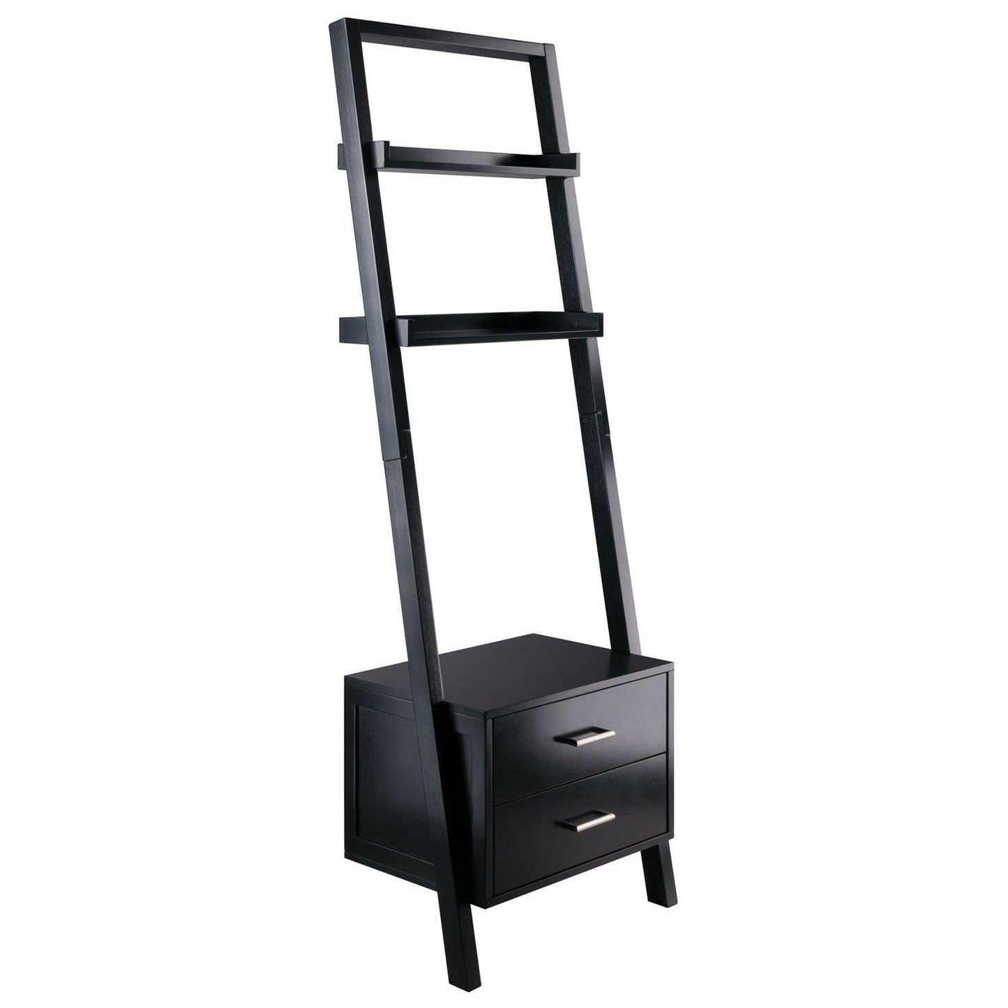 Modern Black 2 Drawer Entryway Shelf Leaning Ladder Bookshelf Bookcase - FurniFindUSA