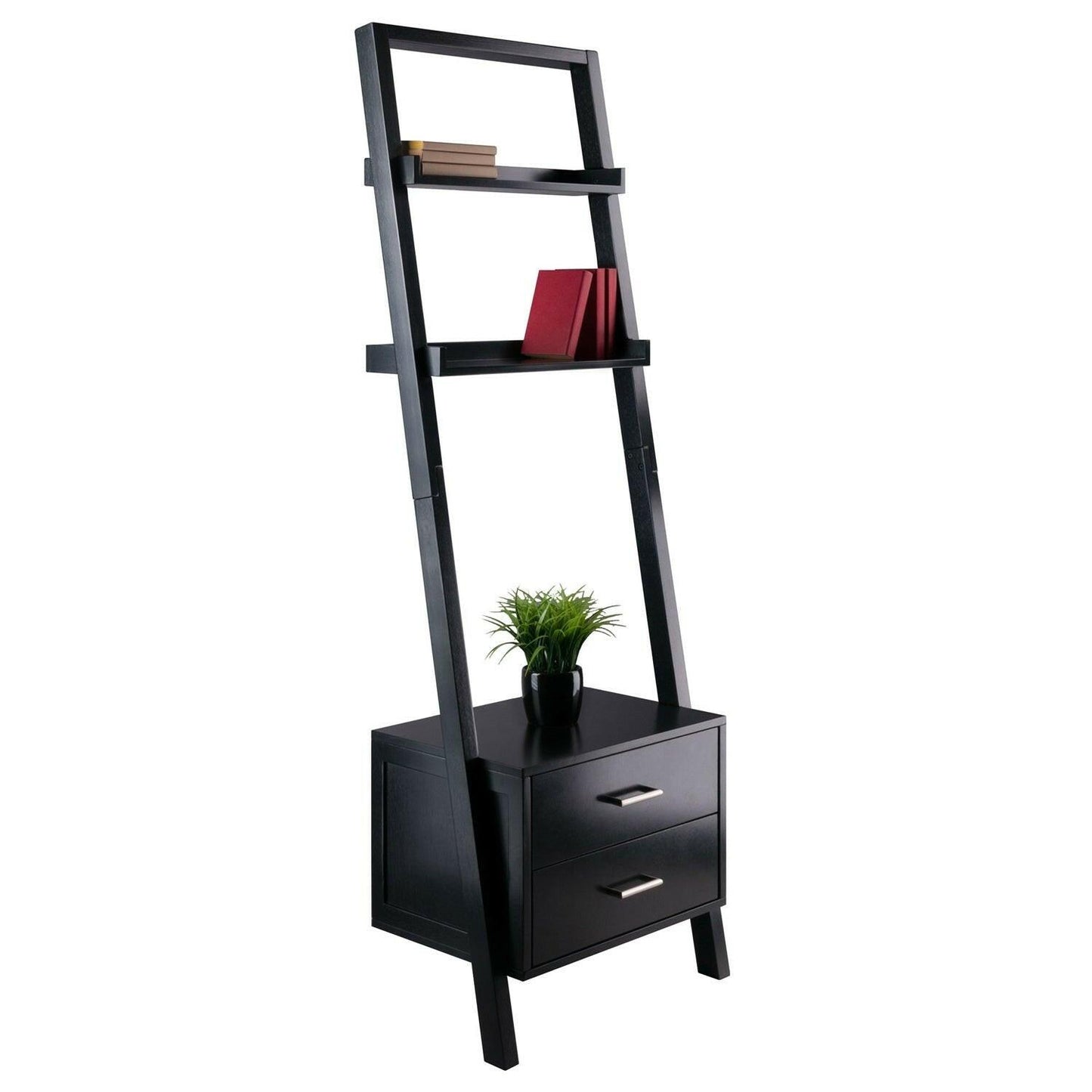 Modern Black 2 Drawer Entryway Shelf Leaning Ladder Bookshelf Bookcase - FurniFindUSA