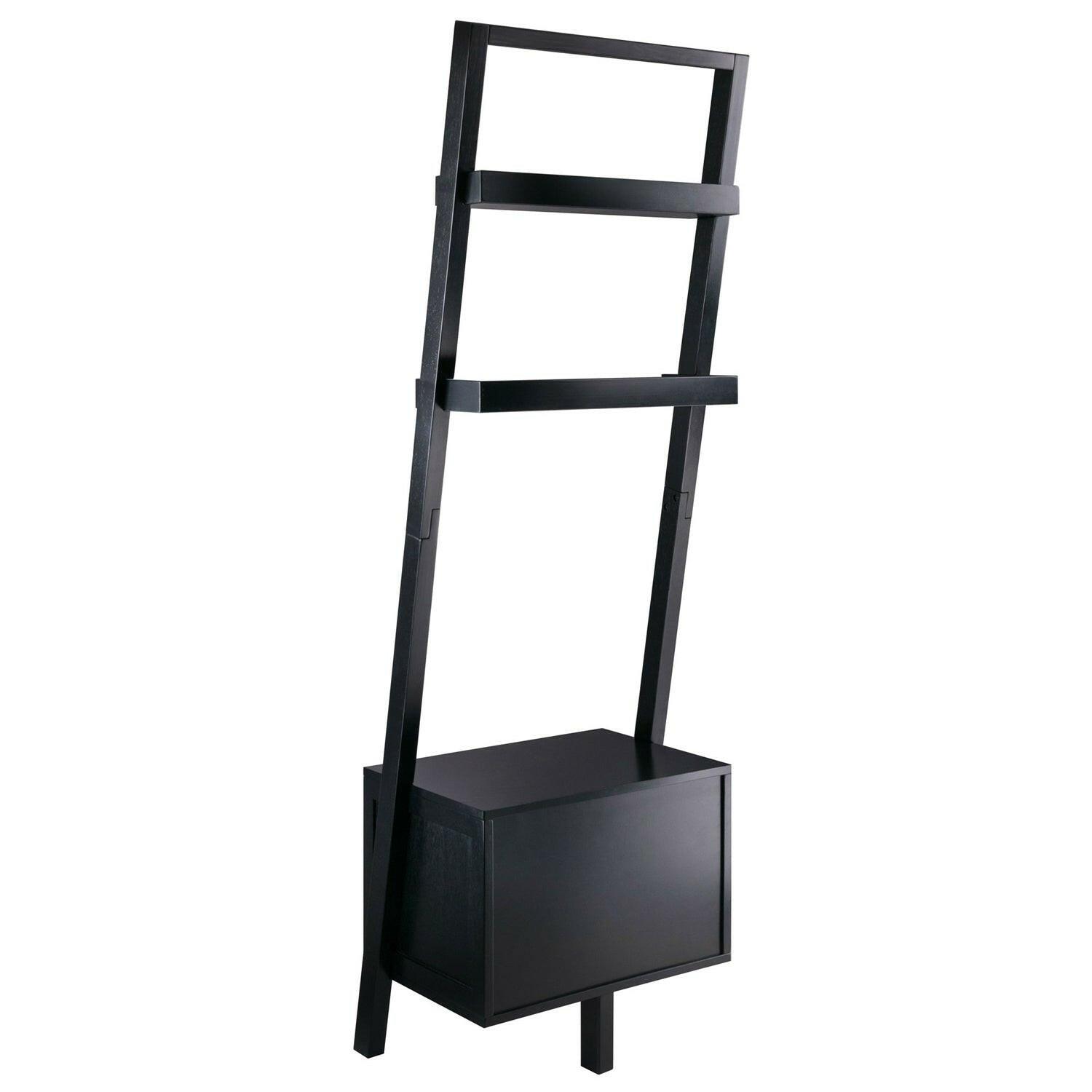 Modern Black 2 Drawer Entryway Shelf Leaning Ladder Bookshelf Bookcase - FurniFindUSA