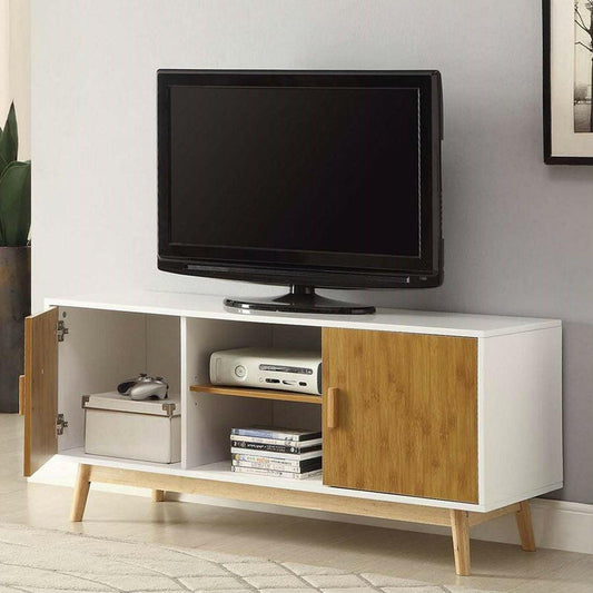 Modern 47-inch Solid Wood TV Stand in White Finish and Mid-Century Legs - FurniFindUSA