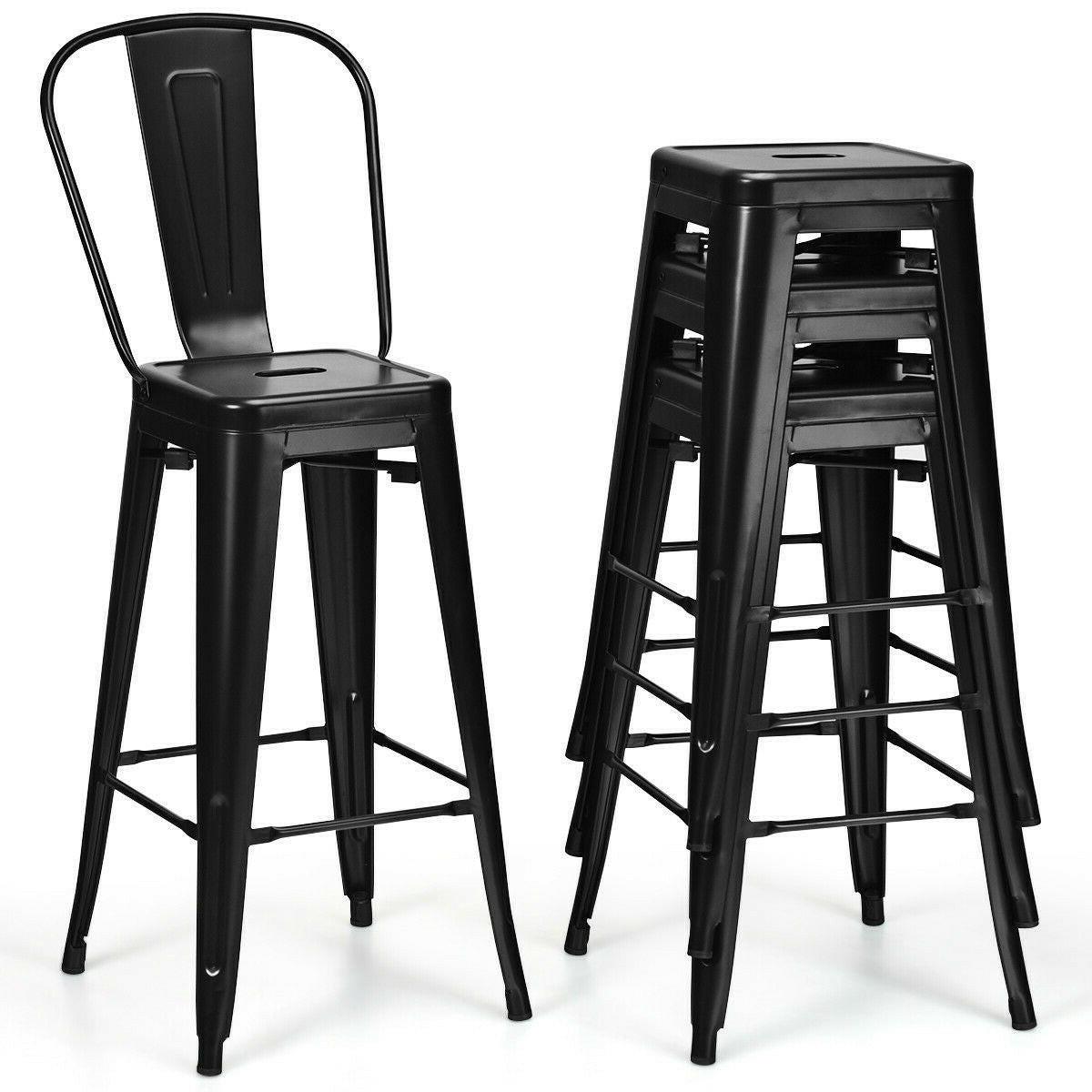 Set of 4 Black 30" Height High Back Metal Industrial Bar Stools - FurniFindUSA