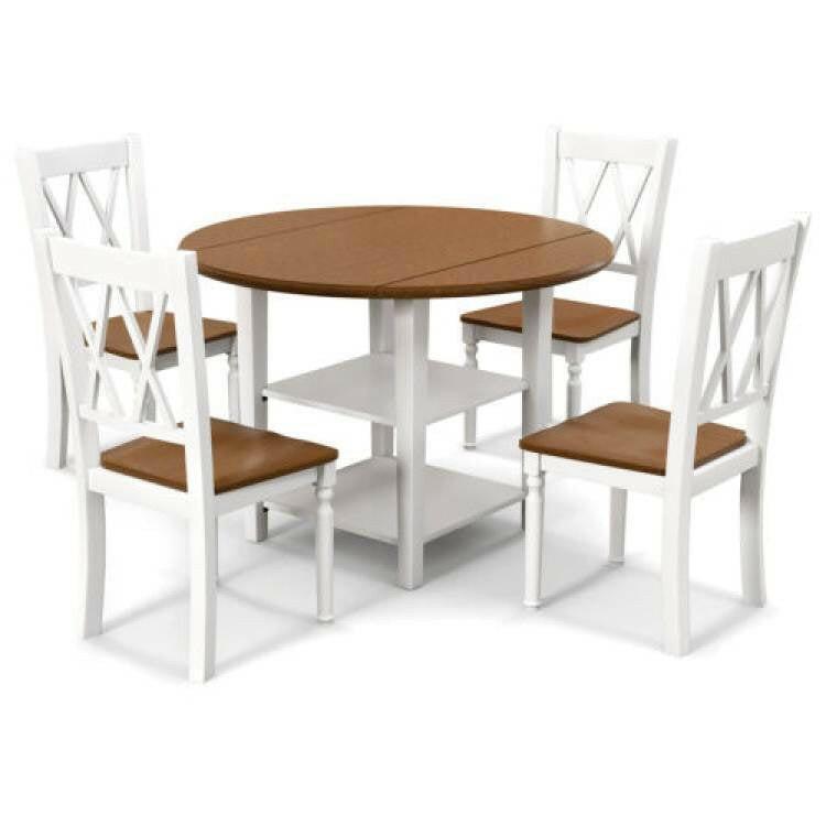 Round Drop Leaf Dining Table Set with 4 Chairs in White/Walnut Wood Finish - FurniFindUSA