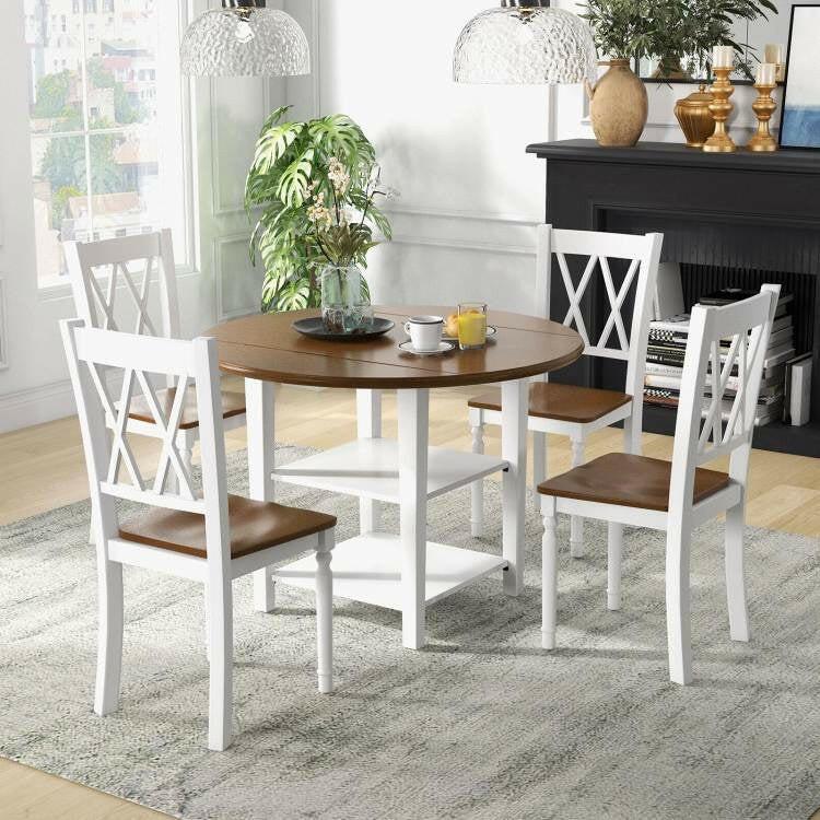 Round Drop Leaf Dining Table Set with 4 Chairs in White/Walnut Wood Finish - FurniFindUSA